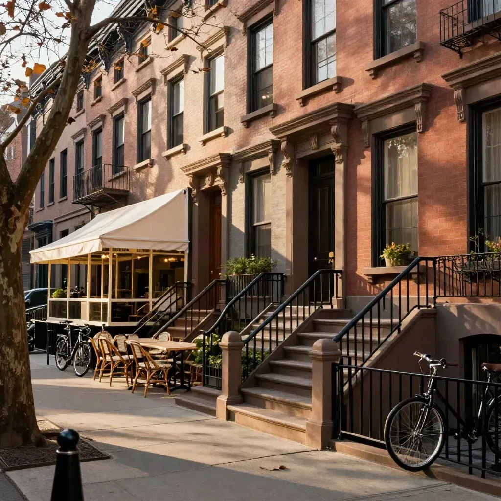 Quiet Upper West Side block with brownstone stoops, cafe terrace, parked bikes, and autumn trees in warm light