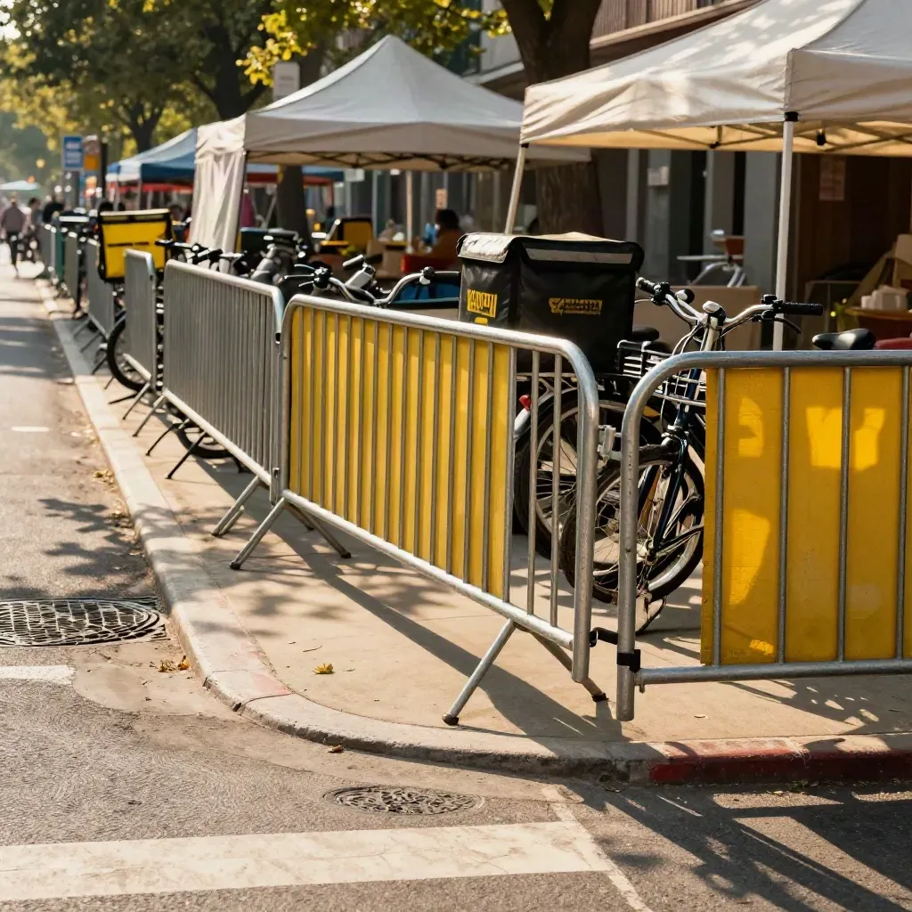 Closed weekend block with barricades, delivery bikes, and fair canopies in bright afternoon light.