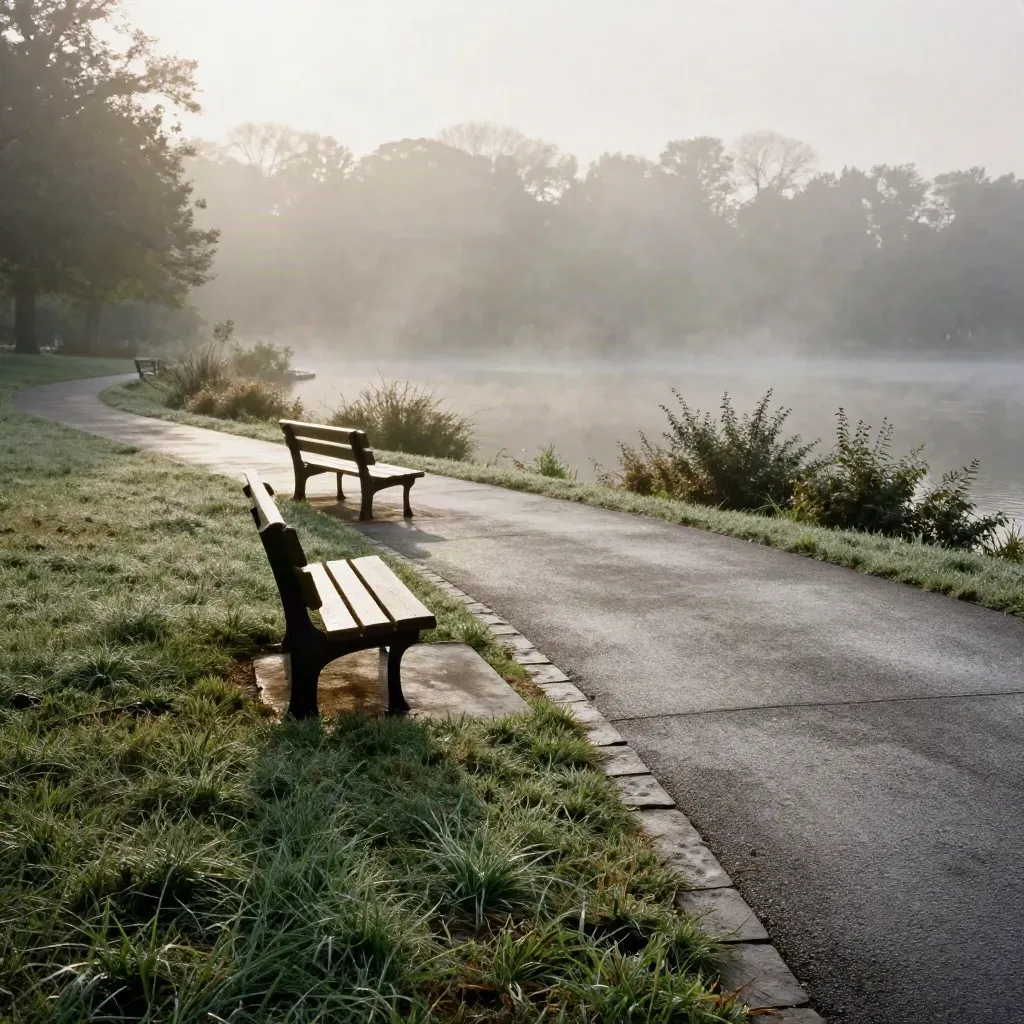 Misty Bronx park lake edge with a curving path, dew-heavy grass, and empty benches at sunrise.