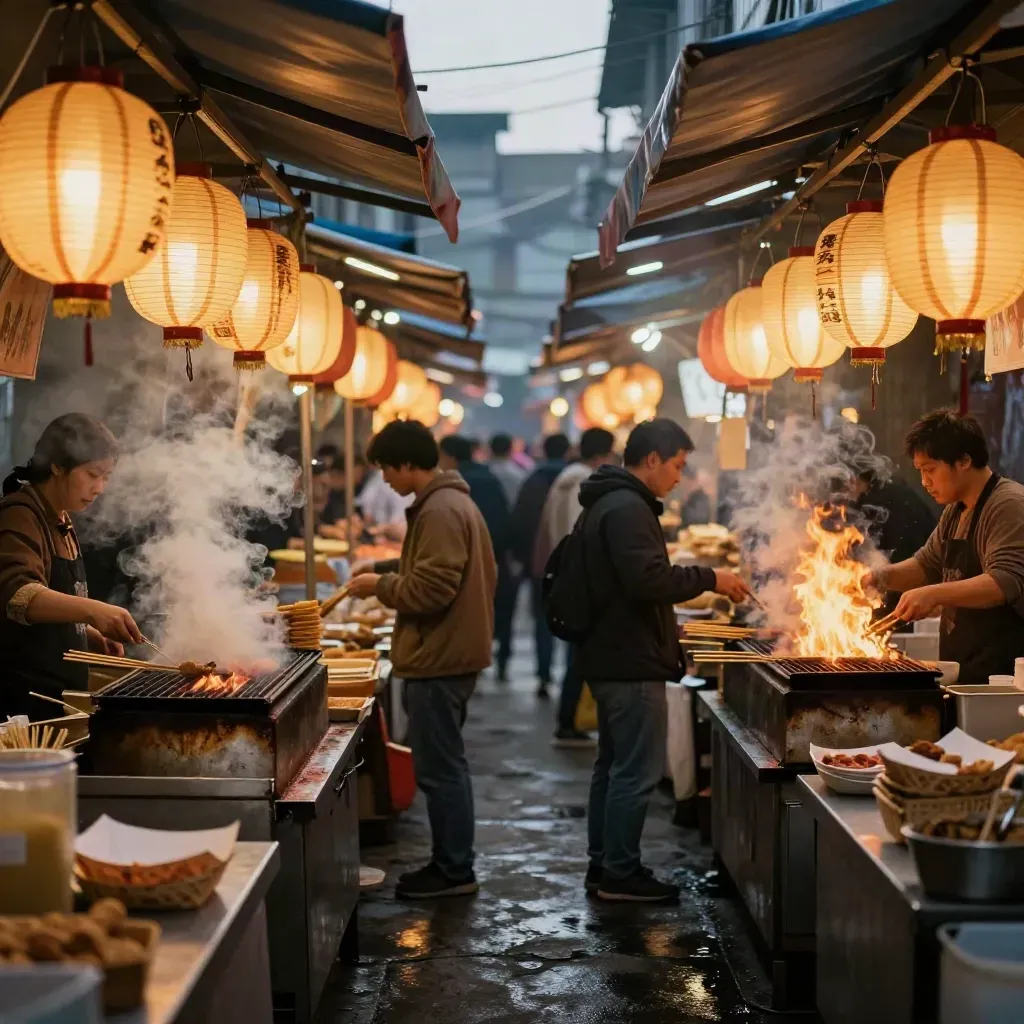 Queens Night Market grills flaring under lanterns, steam and tarp roofs in a narrow dusk aisle