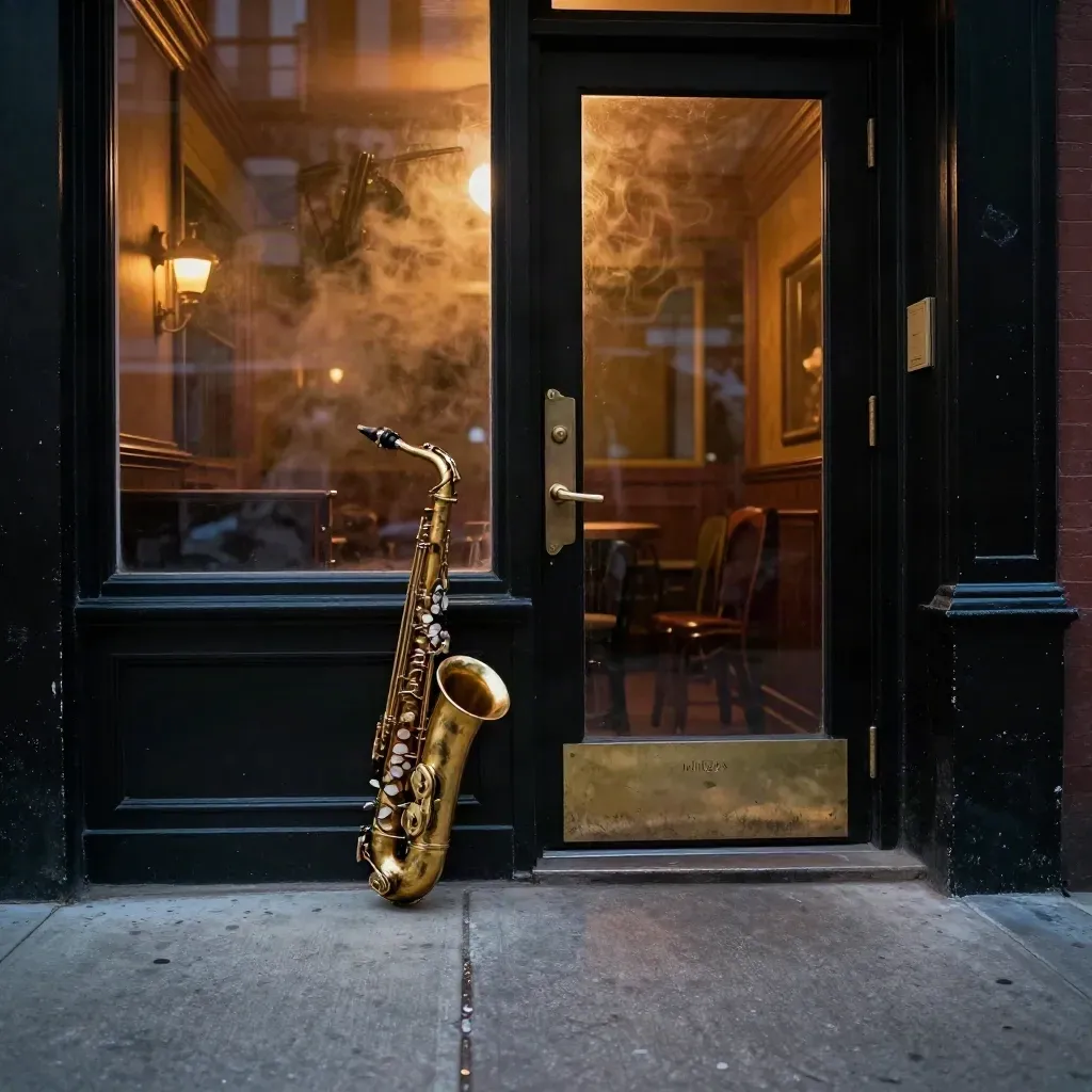 Harlem jazz club doorway glowing at blue hour with a saxophone case and brass hardware.