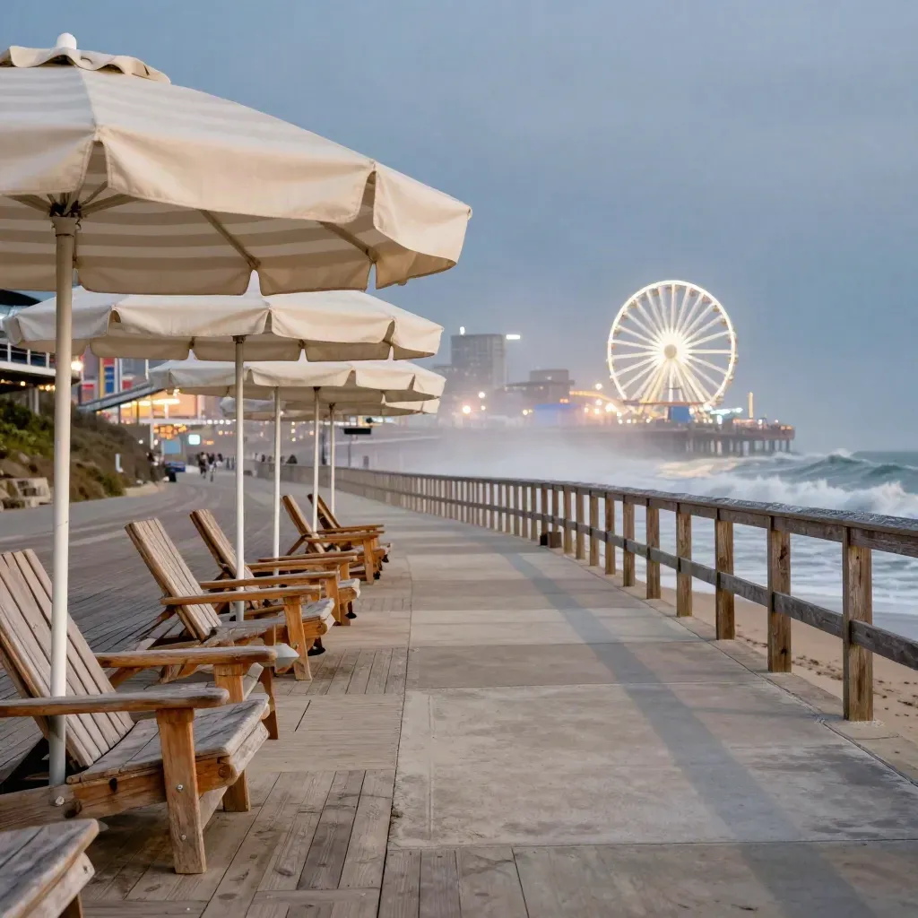 Coney Island boardwalk with striped umbrellas, empty chairs, rail line and glowing Ferris wheel at dusk.