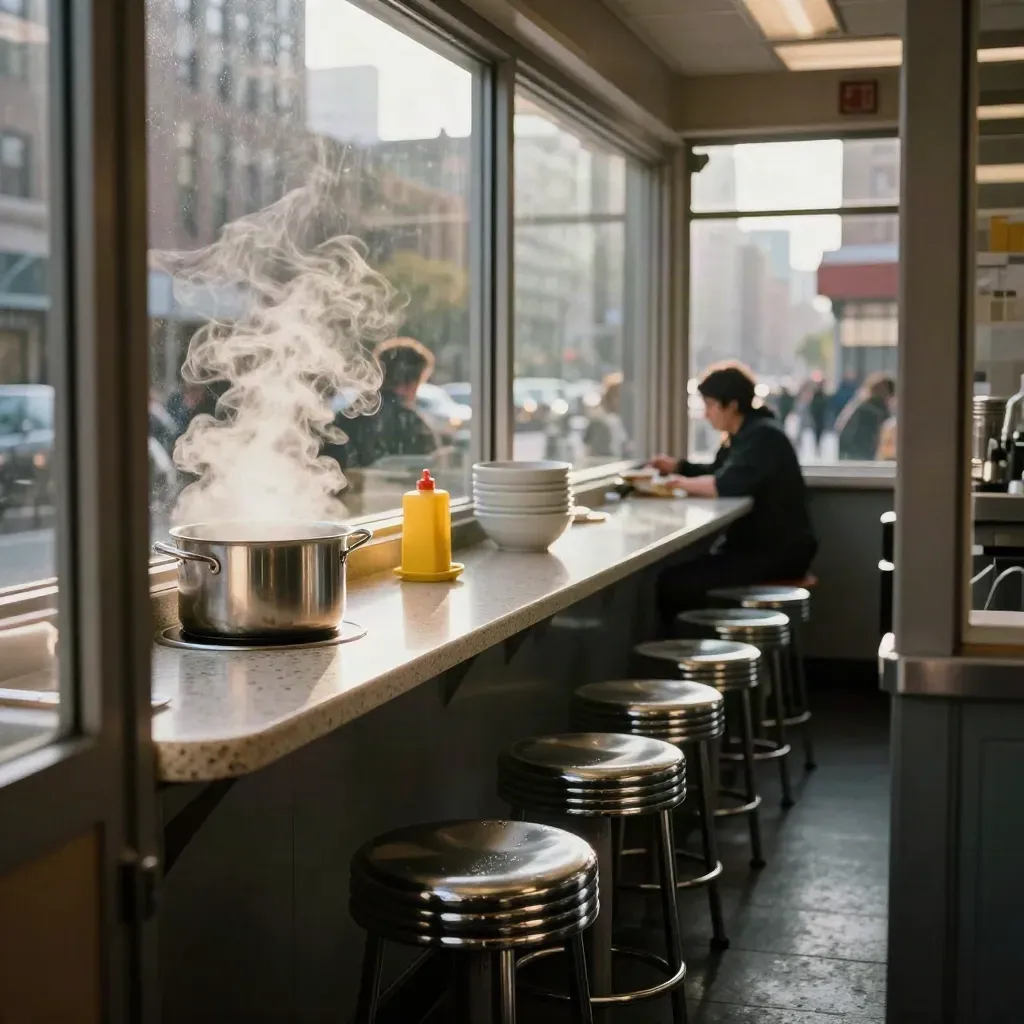 Steaming Midtown lunch counter with chrome stools and office towers mirrored in glass.