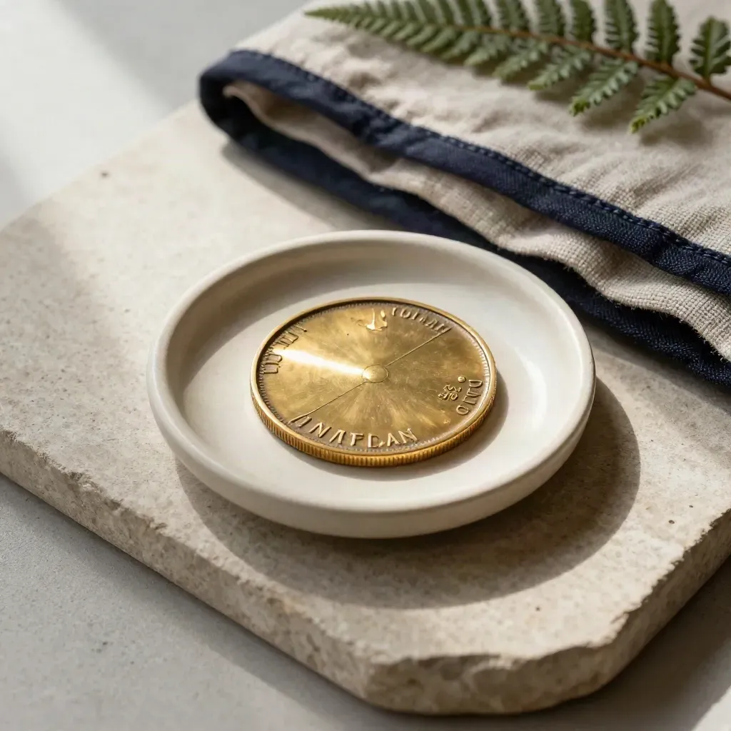 Brass subway token in a cream dish with linen and fern on stone, lit by soft window glow.