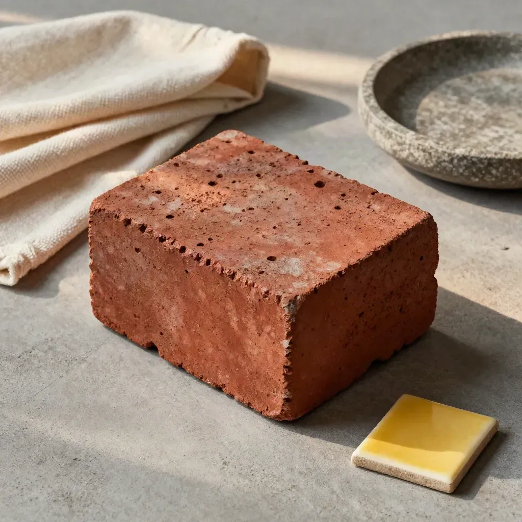 Overhead brick sample cube with canvas cloth and stone dish in soft daylight
