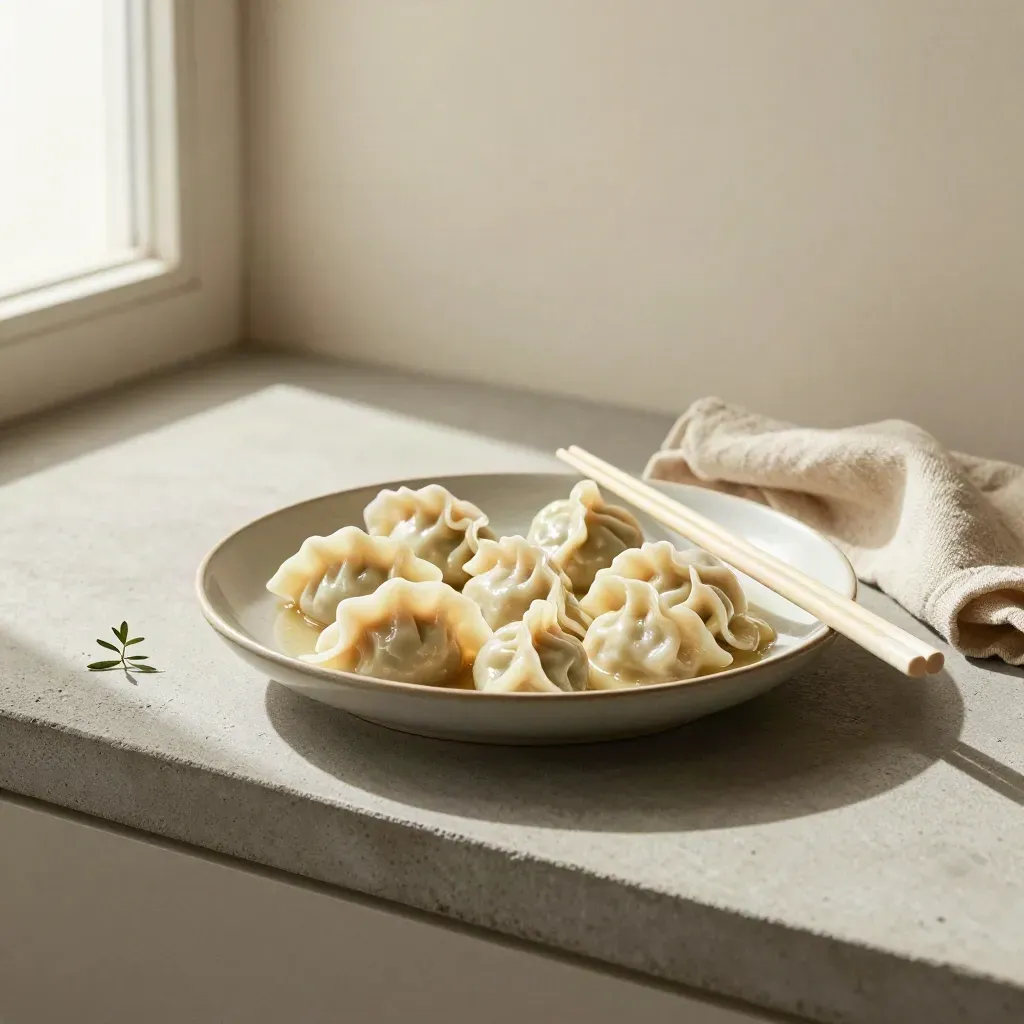 Ceramic dumpling plate with chopsticks, linen napkin, and herb sprig on a concrete shelf.