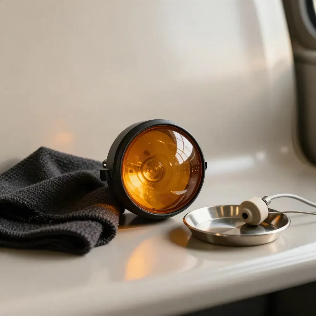Amber transit signal lens with cloth, dish, and cable on pale ash wood