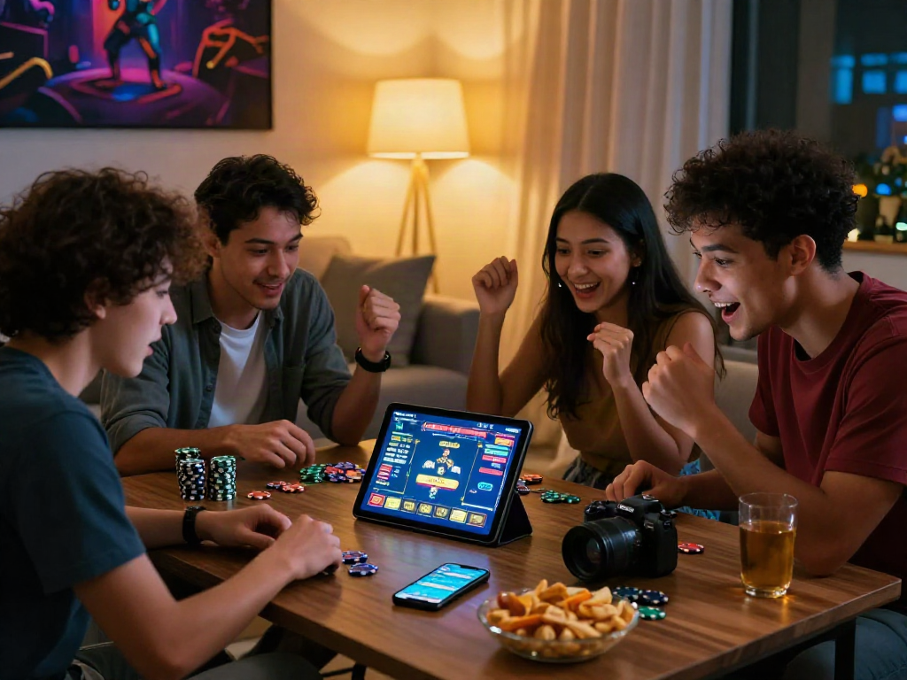 Group enjoying situs toto games online in a cozy living room setting.