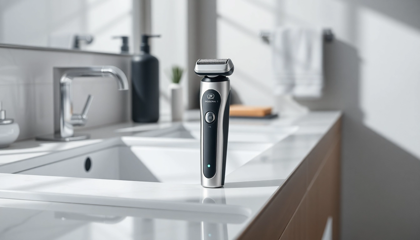 Trim with precision using the one blade electric shaver showcased on a chic bathroom counter.