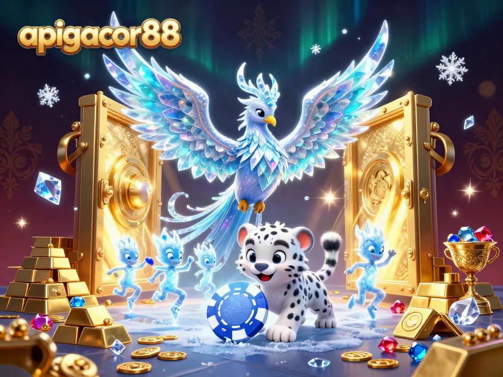Engage with apigacor88's vibrant casino experience showcasing a whimsical scene of characters among glittering treasures.