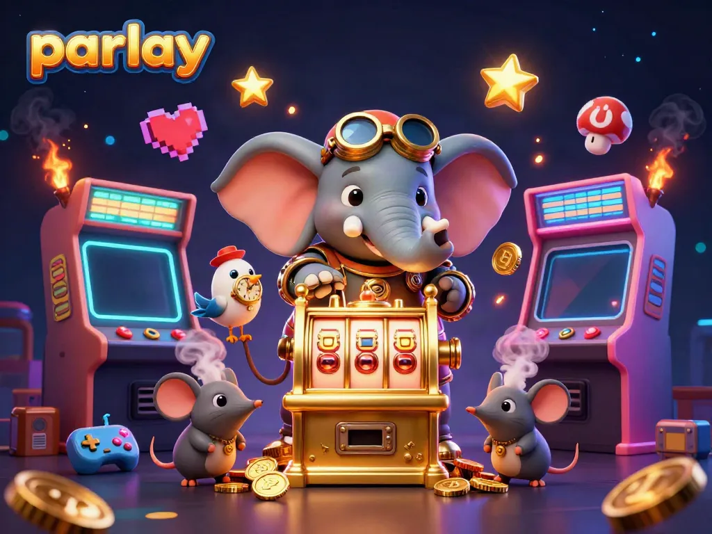 Engage in parlay betting with this vivid steampunk casino scene, featuring an elephant engineer at a golden slot machine.