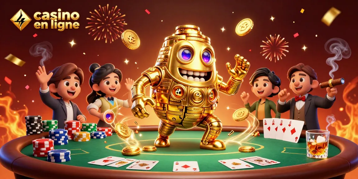 Découvrez l'illustration 3D d'un golem en or au casino en ligne, entouré de jetons de poker.