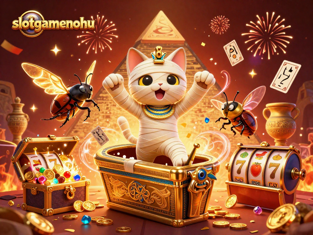 Engage with slotgamenohu as a mummy cat emerges from a golden sarcophagus in a thrilling pyramid casino scene.