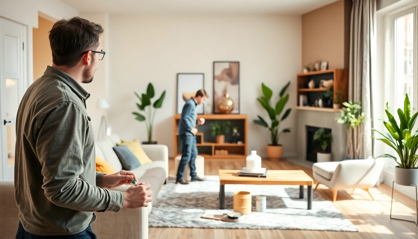 Enhancing home improvement with a contractor painting a cozy, modern living room.