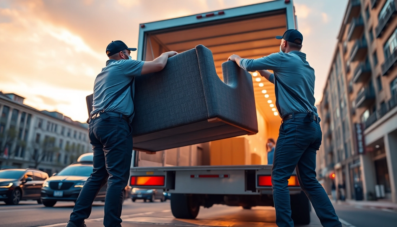 Professionals executing loading and unloading moving services with care and efficiency in an urban setting.