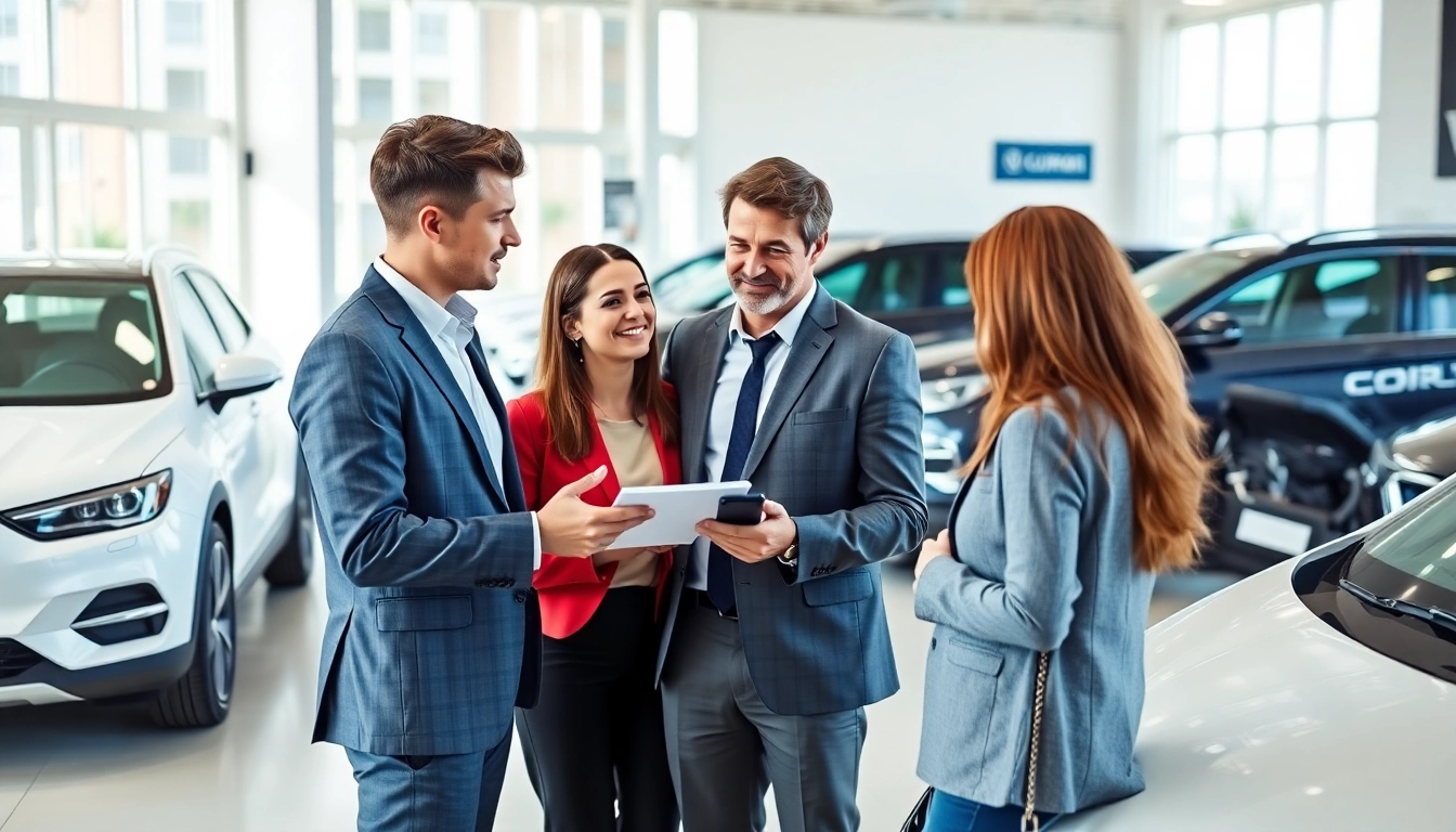 Buy New Car options discussed with professionals in a dealership environment.