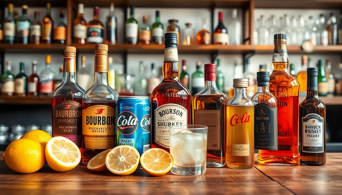 Creative display showcasing what to mix bourbon whiskey with, featuring mixers and fresh ingredients.