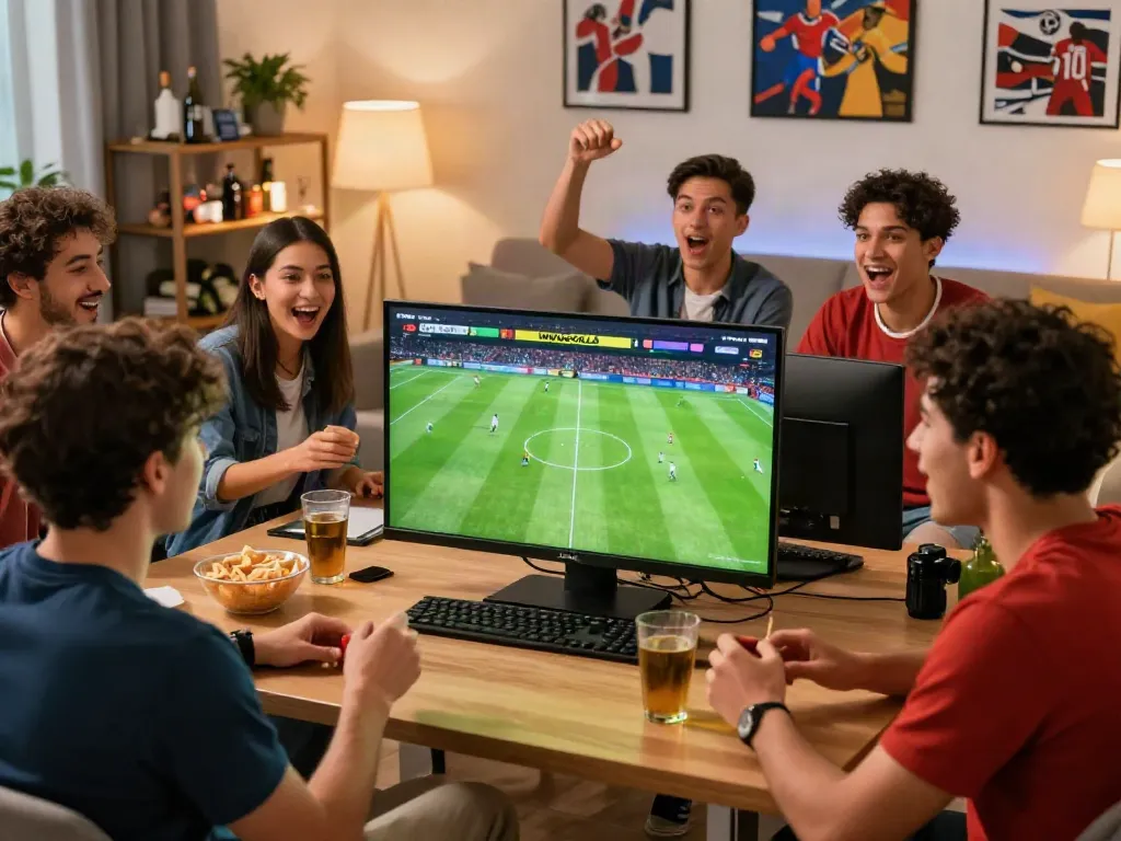 Exciting sports betting atmosphere with friends enjoying a soccer match and WWBOLA.