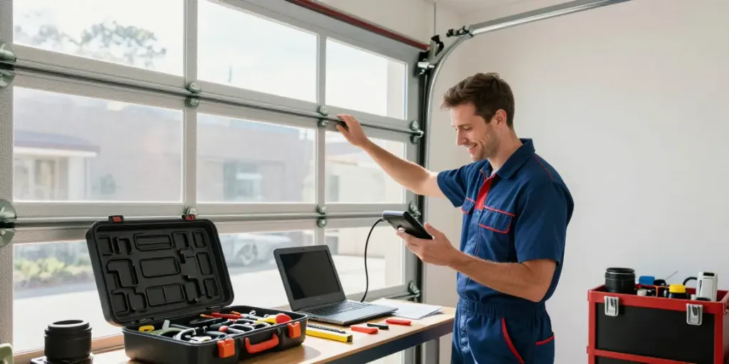 Technician fixing a roller door stuck in a sunny garage in Perth.