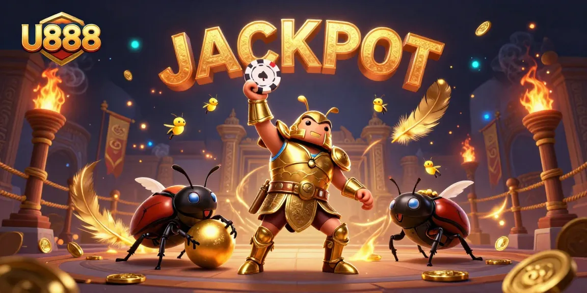 Win big at U888 with a captivating victory scene featuring a heroic beetle and dazzling jackpot elements.