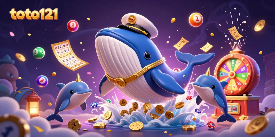 Engage with toto121's vibrant 3D casino scene featuring a whale and dolphins amidst dynamic game elements.