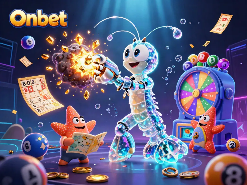 Experience Onbet's thrilling jackpot action with a vibrant 3D scene filled with exciting casino elements.