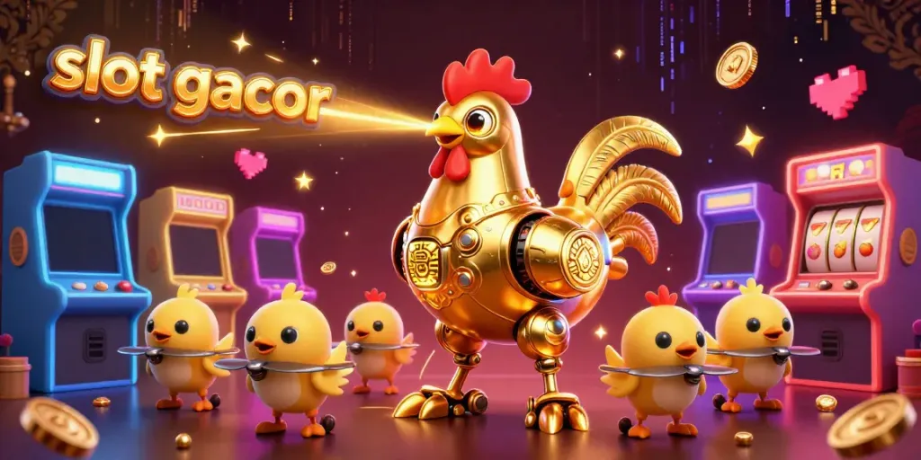 Engage with the vibrant casino scene featuring slot gacor elements, a futuristic rooster robot, and energetic arcade machines.