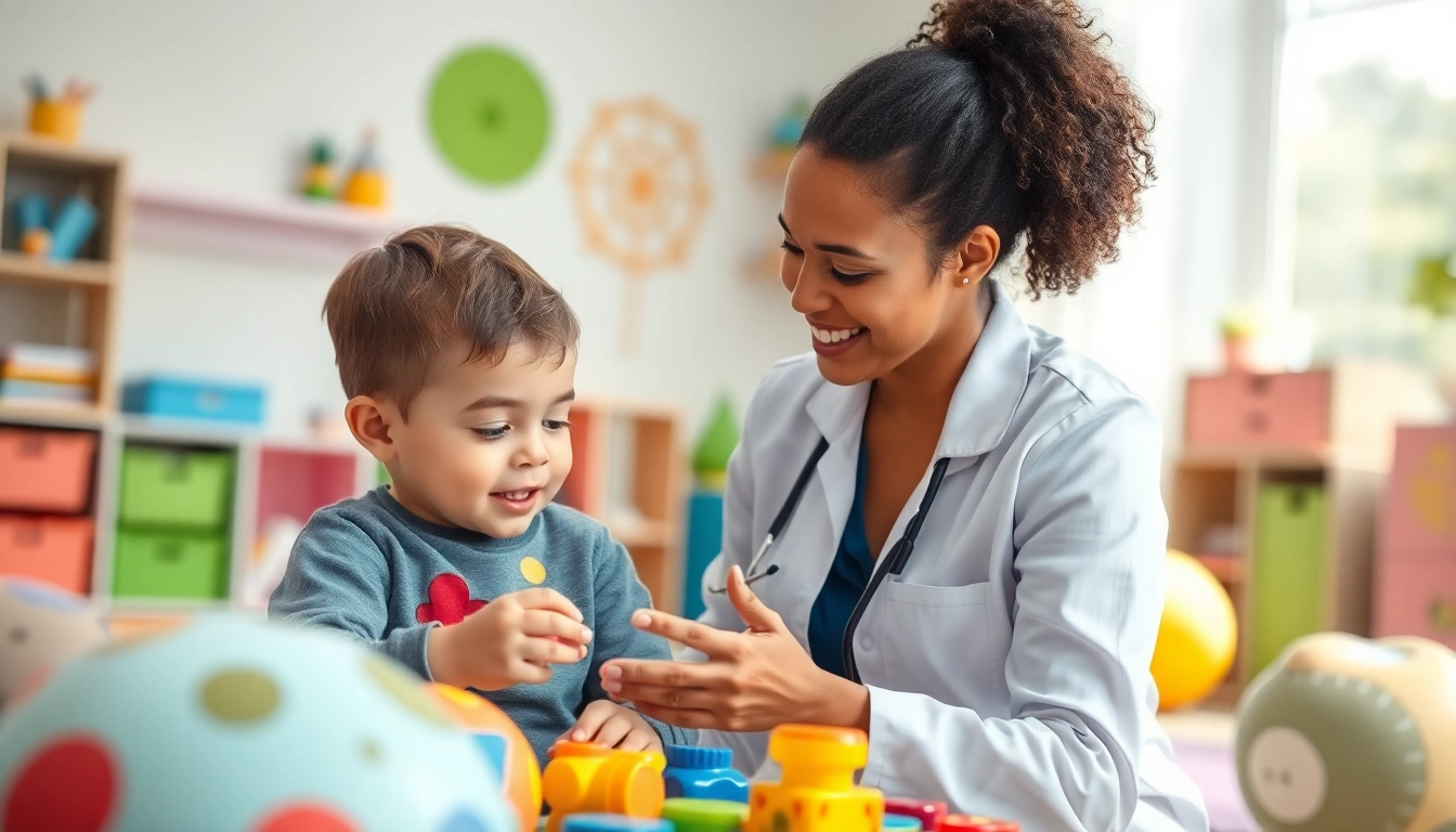 Engaging autism help session between a dedicated therapist and child in a vibrant therapy room.