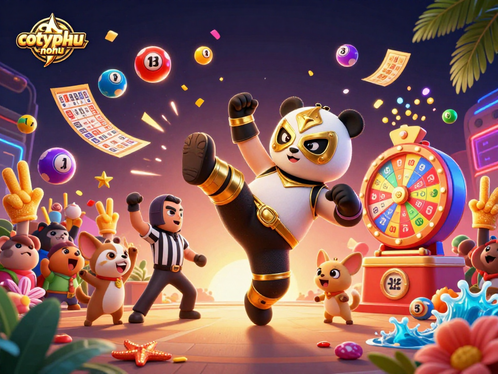 Cotyphu-nohu interactive online gaming with a lively scene of a panda wrestler and chihuahua referee