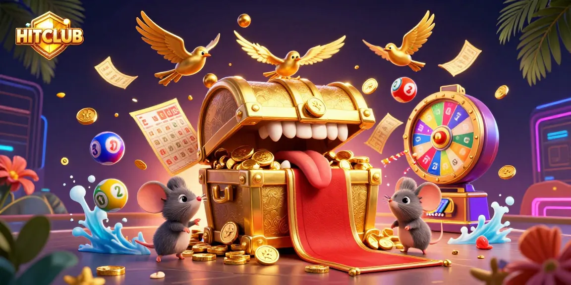Experience HITCLUB’s vibrant online gaming realm with animated treasure and colorful casino elements.