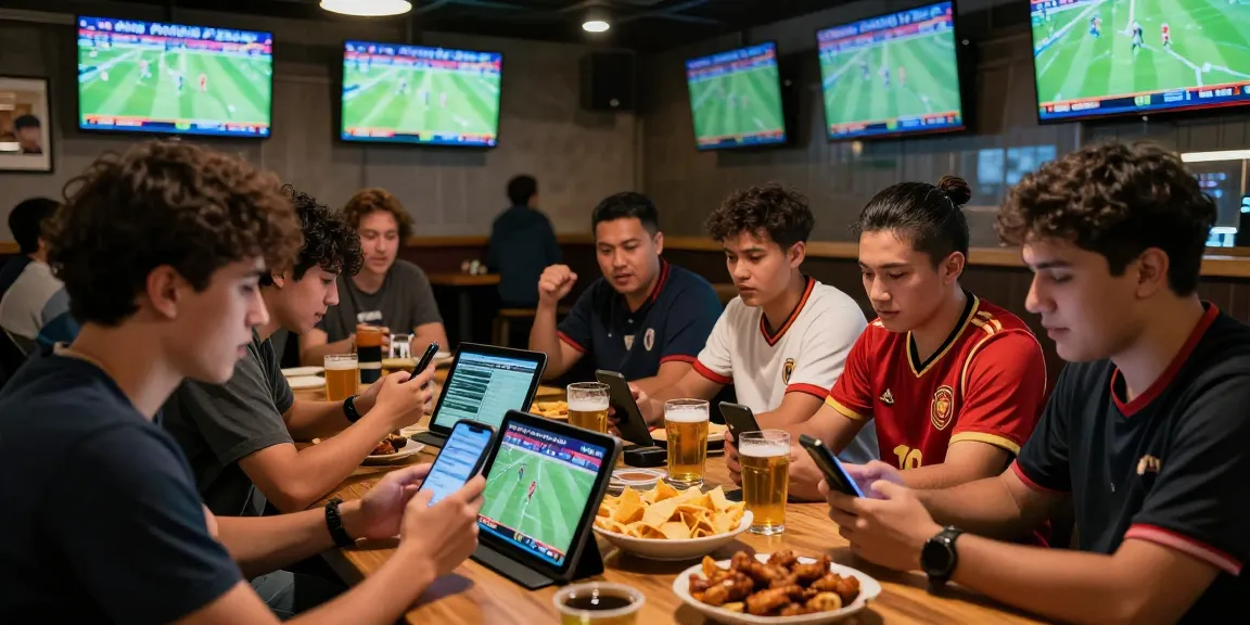 Group enjoying the excitement of sports betting with Prediksi 7meter insights in a lively bar.