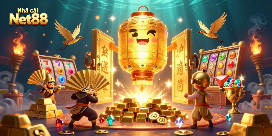 Engage with Nhà cái Net88 in a vibrant casino scene filled with gold and slot symbols.