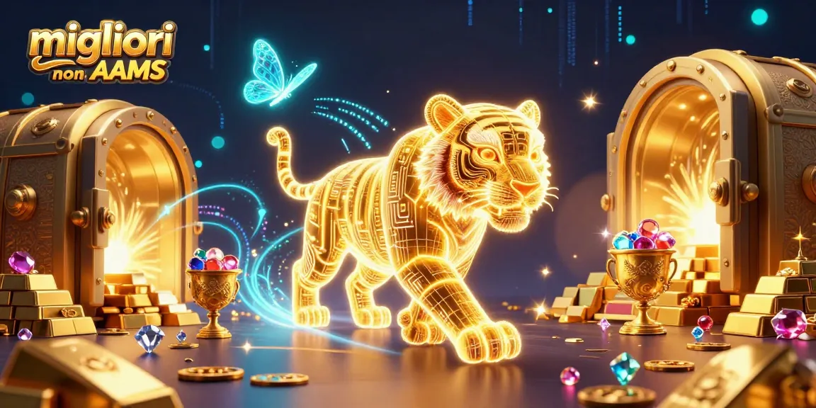 Visualizza i migliori casino non AAMS con un tigre d'oro che esplora un paesaggio digitale ricco di tesori e luci.