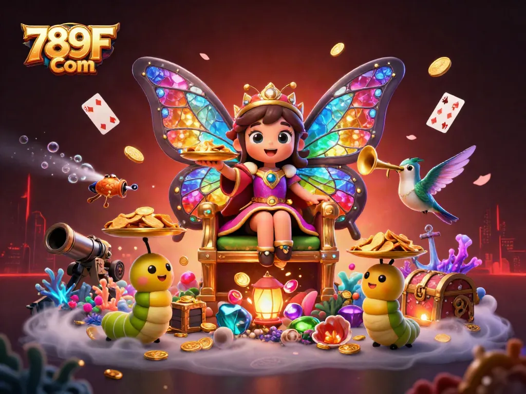 Engage in thrilling gameplay at 789F Com with a vibrant butterfly queen and dynamic casino elements.