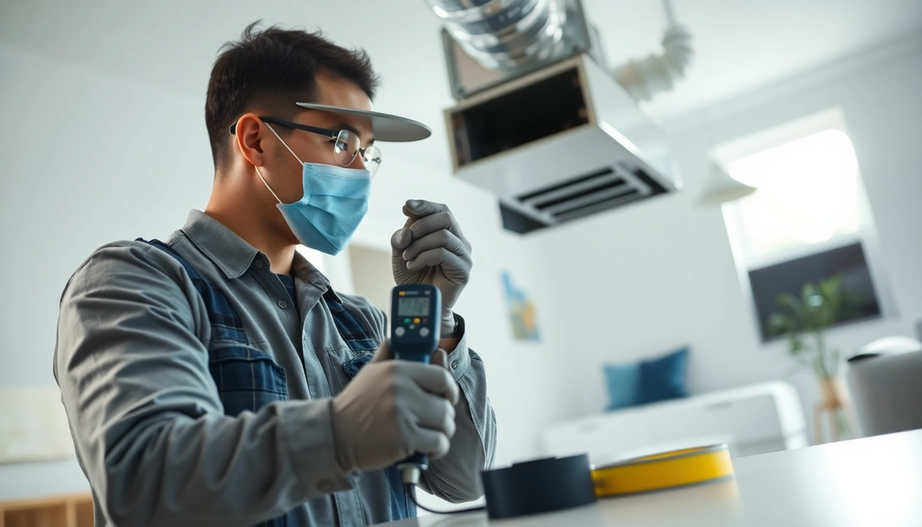 Duct leakage test being performed by a technician using specialized tools in a residential setting