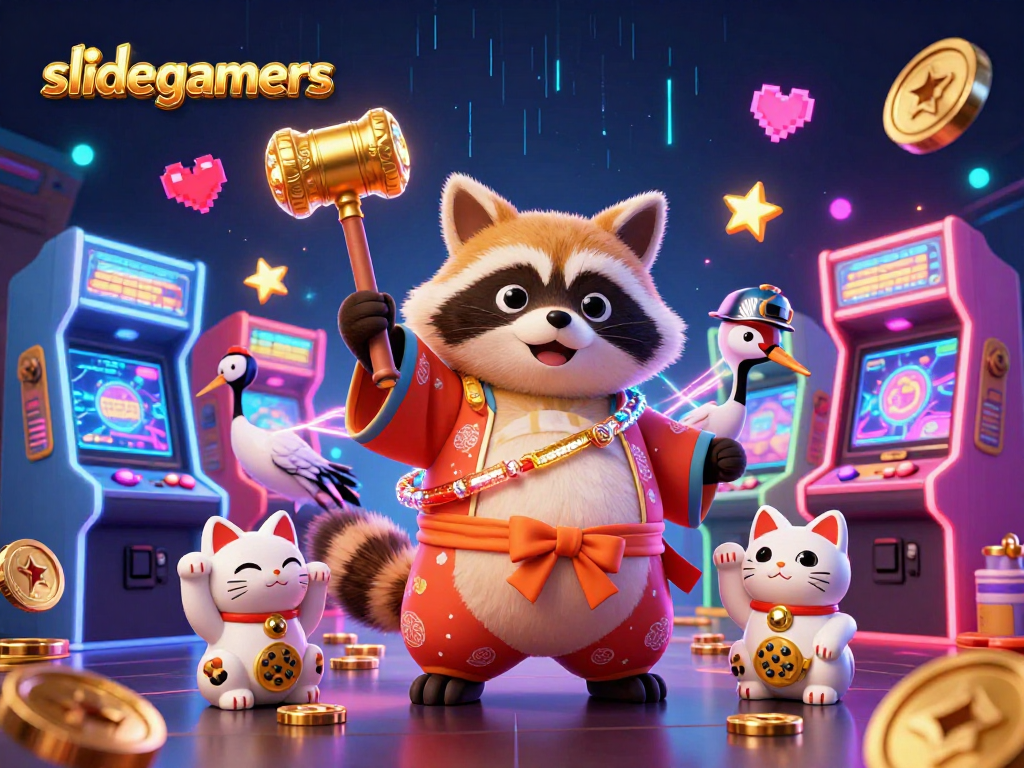 Engage with exciting slidegamers gameplay featuring interactive raccoon and samurai in a vibrant casino scene.