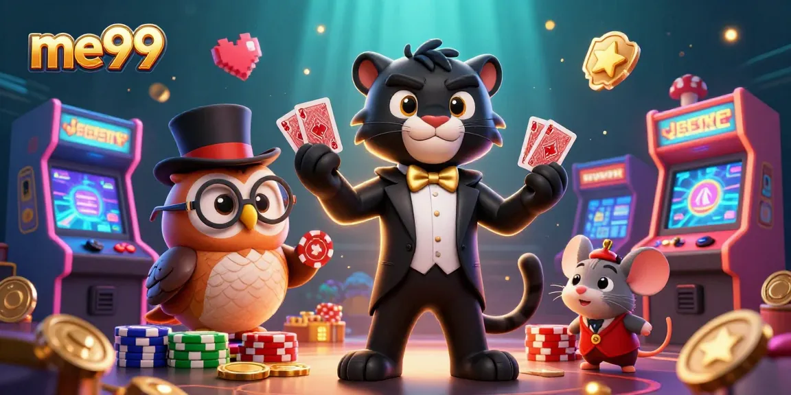 Experience thrilling games at me99 casino as the panther deals cards elegantly alongside an owl and a lucky mouse.