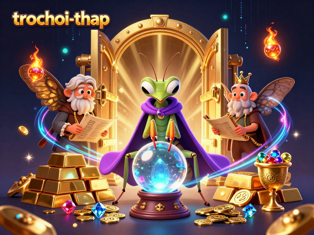 Experience the thrill of trochoi-thap, featuring mystical characters and treasures in a vibrant casino scene.