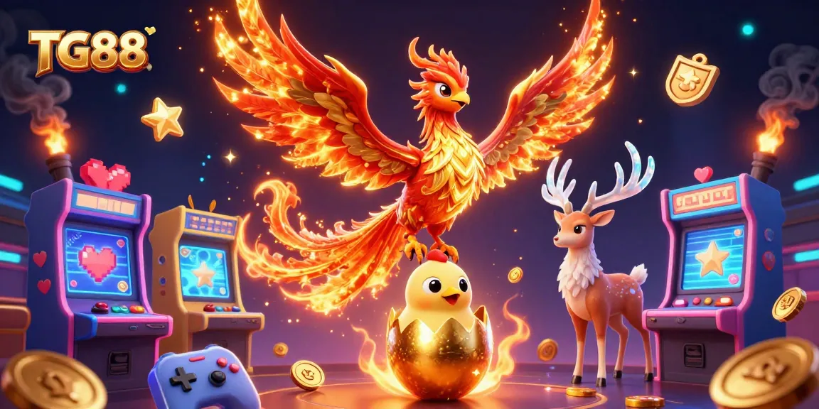 Experience the thrilling adventure of TG88 with a phoenix soaring above dazzling arcade games and vibrant casino elements.