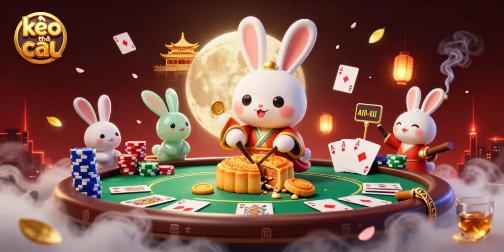 Engage with kèo nhà cái strategies amidst a whimsical moonlit scene filled with poker elements.