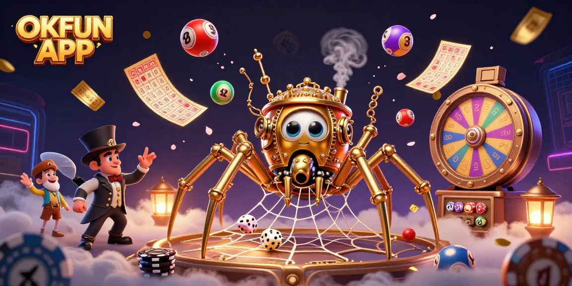 Experience thrilling gameplay with the OKFUN APP, featuring dynamic golden spider graphics and lottery elements.