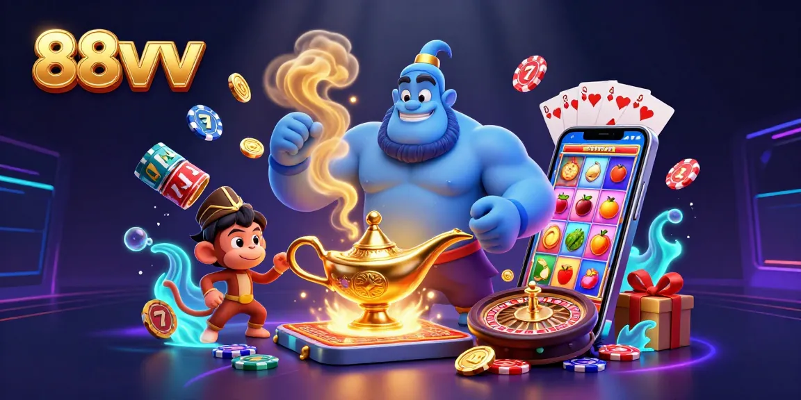 Experience the vibrant 88vv casino magic with a genie, monkey, and slot game action.