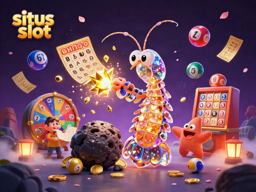 Visualize situs slot excitement with a galactic mantis shrimp and a starfish amidst colorful casino elements.