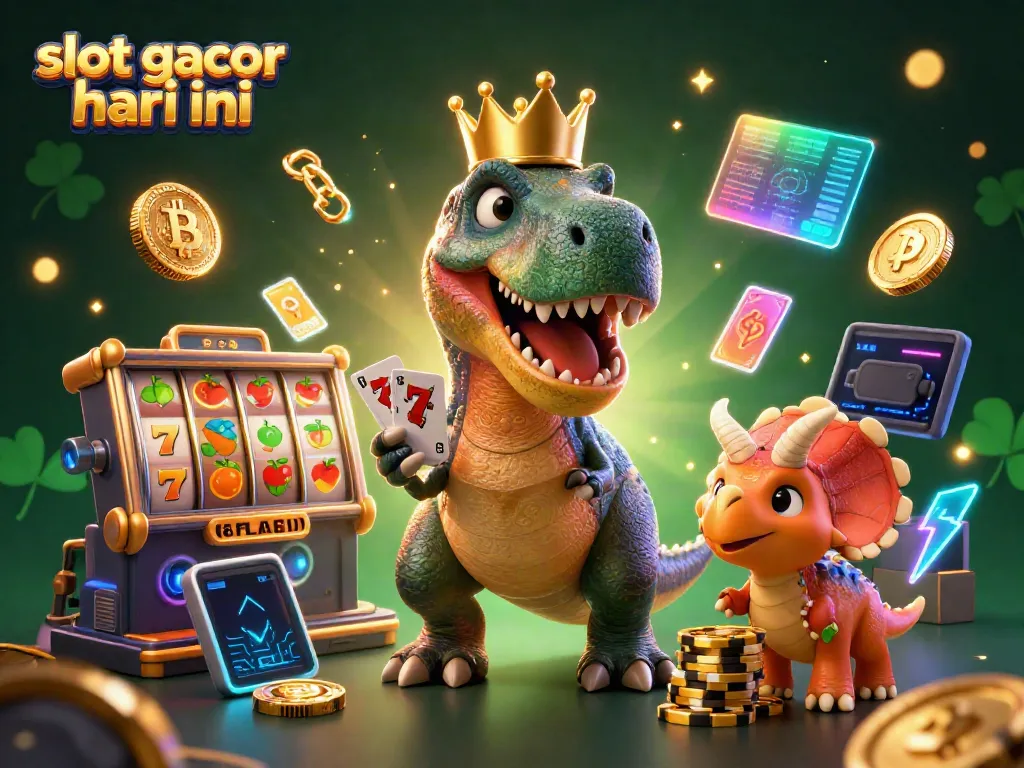 Ilustrasi karakter T-Rex dan teman-teman memutar slot gacor hari ini dengan suasana kasino yang ceria.