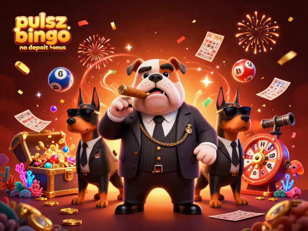Pulsz bingo no deposit bonus, featuring a mafia bulldog and Doberman bodyguards celebrating with bingo-themed elements.
