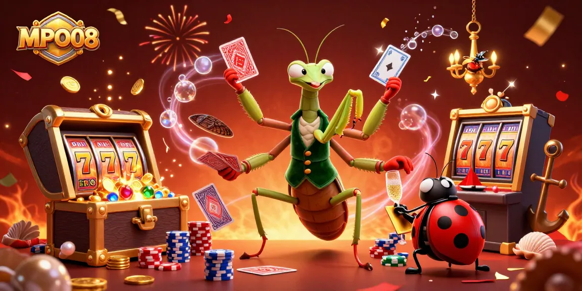 MPO08 offers an exciting casino scene with a giant praying mantis card shark, vibrant slot reels, and a lively atmosphere.