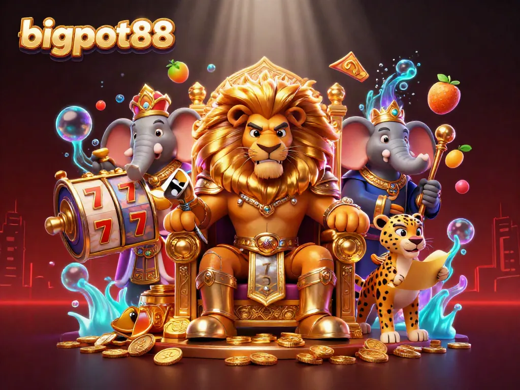 Bigpot88 menghadirkan ilustrasi kasino 3D yang kaya dengan karakter dan elemen slot berkilau.