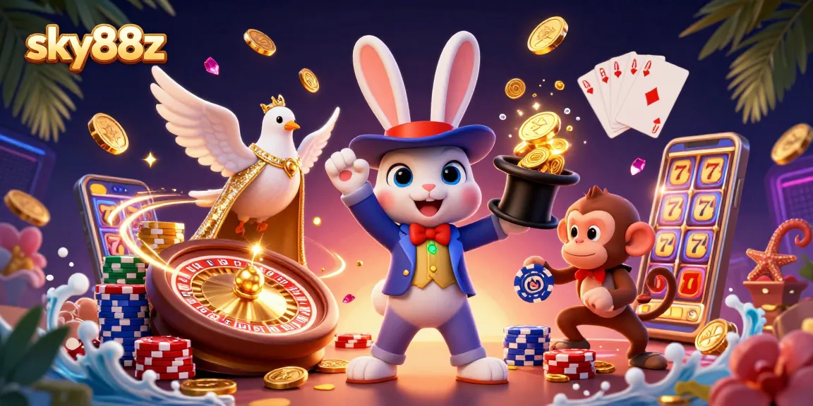 Engage with sky88z as the magician rabbit mesmerizes with golden coins and poker chips.