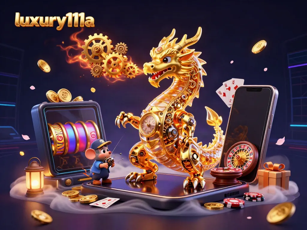 Engage with luxury111a's vibrant online gaming universe featuring a dynamic casino-themed dragon.