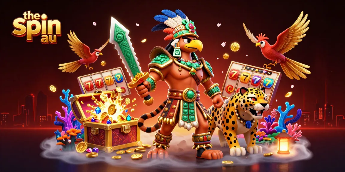 Engage with the spin au through an artistic depiction of vibrant Aztec warriors amidst slot reels and treasures.